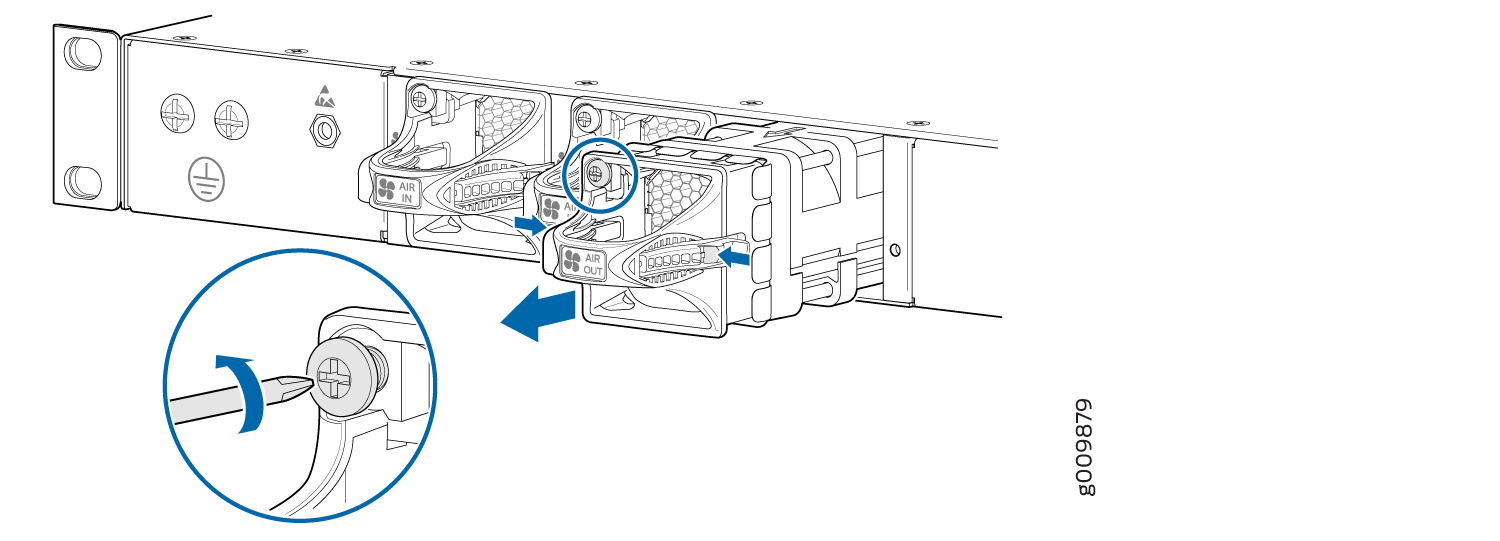 Cooling fans in a server chassis with labels AIR IN and AIR OUT showing airflow direction. Screws highlighted for removal or installation.