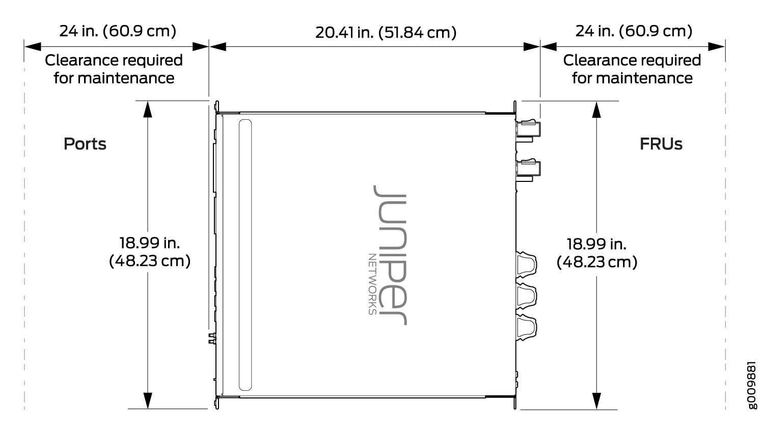 Diagram of a Juniper Networks device showing dimensions: width 20.41 inches, height 18.99 inches, with 24-inch clearance required on both sides.