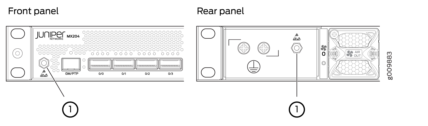 Juniper Networks MX204 router front and rear panels showing network ports, GM/PTP Port, grounding points, hexagonal ventilation holes, cooling fans, and power supply units.