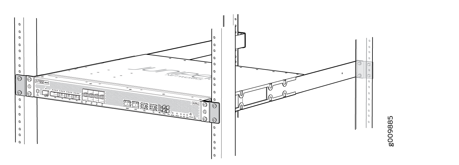 Juniper Networks device with multiple ports mounted on a rack.