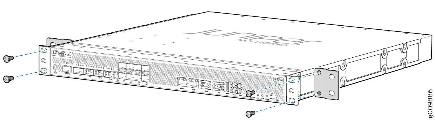 Juniper Networks MX204 router front panel with network interfaces, console ports, power inputs, and rack-mounting brackets and screws.