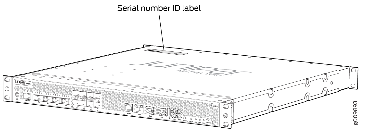 Juniper Networks M20 router with serial number ID label location highlighted. Front panel shows network ports and connectors.