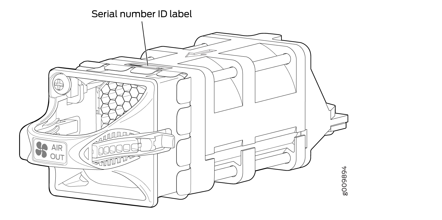 Technical illustration of a machine component with a Serial number ID label and Air Out vent with fan symbol.