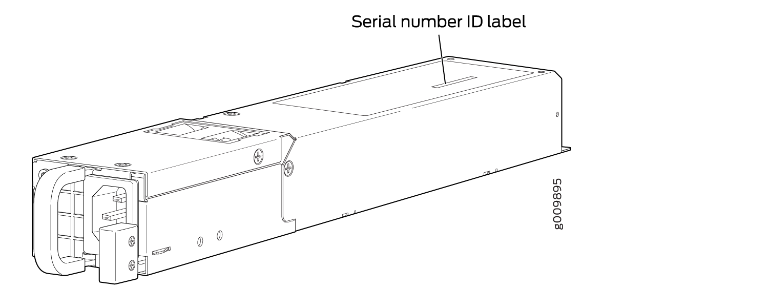 Technical drawing of a rectangular electronic component with a handle and Serial number ID label location.