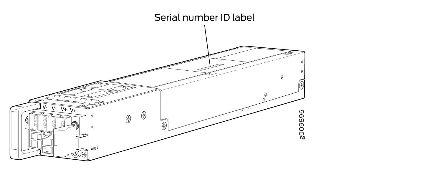 Line drawing of a power supply module showing front and side views with terminal connections labeled V- and V+ and serial number ID label location.