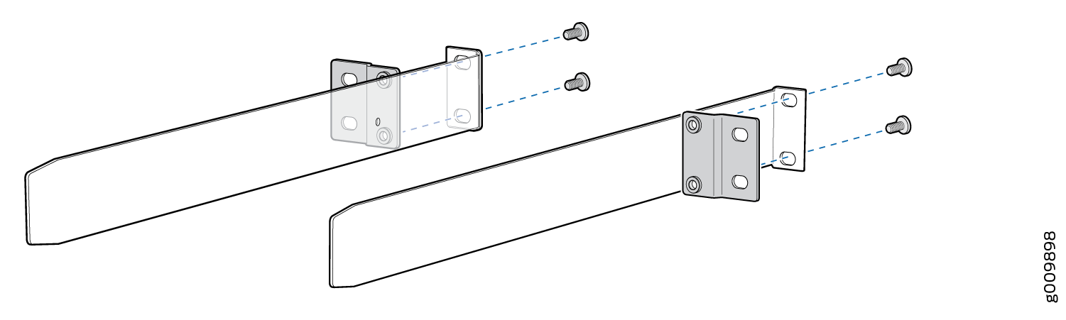 Assembly diagram of two metal brackets attached to elongated arms with screws in pre-drilled holes.