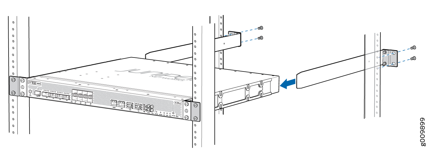 Installing a Juniper Networks router into a rack using brackets and screws with a blue arrow indicating rear bracket placement.