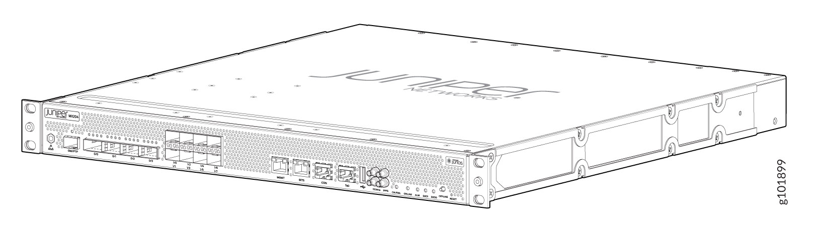 Juniper Networks MX204 router with Ethernet interfaces, management ports, and status indicators on the front panel.