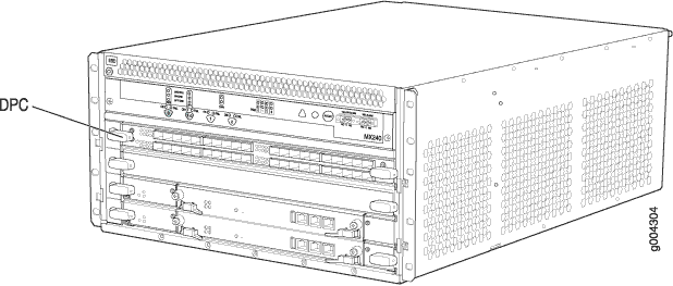 Juniper Networks MX240 router front panel with slots and ports, including labeled Dense Port Concentrator for high-performance networking.