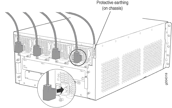 Technical diagram of server chassis showing cable connections and grounding details with a zoomed view of grounding setup.