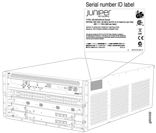 Juniper Networks MX240 Ethernet Router highlighting serial number ID label location with model type, power rating, and compliance info.