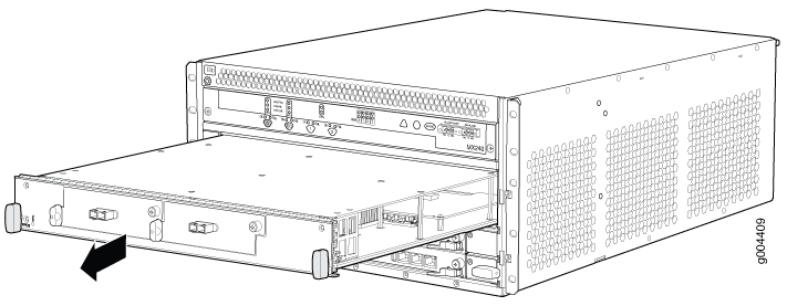 Server chassis with module being inserted or removed; arrow shows direction, typical in data centers.