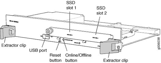 Server module with extractor clips, USB port for diagnostics, reset button, online/offline toggle, and two SSD slots for storage.
