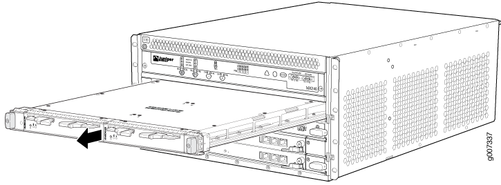 Network equipment chassis with a modular card being inserted or removed, arrow indicates direction.