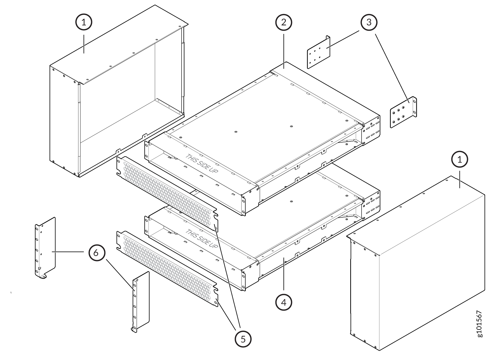 Exploded diagram of a modular assembly with labeled components: outer enclosure panels, internal modules marked THIS SIDE UP, mounting brackets, support frames, ventilation panels, and side panels.