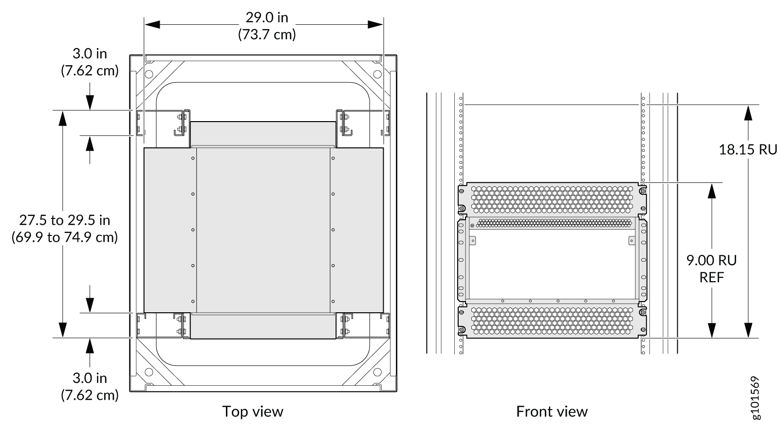 Technical drawing of a rack-mounted device showing 29 inches wide, 27.5 to 29.5 inches deep, 3-inch side clearance. The device occupies 9 RU with perforated front panel.