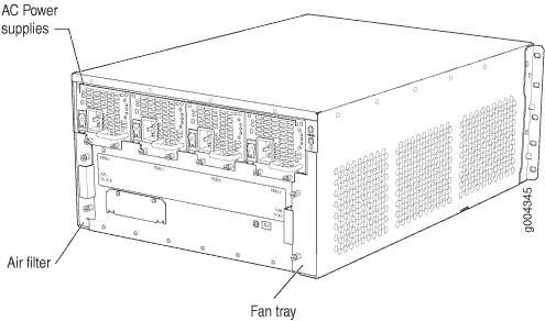 Diagram of a network equipment chassis with labeled AC power supplies, air filter, and fan tray.