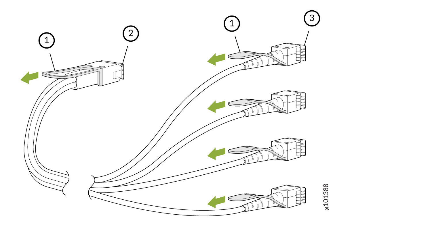Diagram of a network cable assembly showing labeled parts 1, 2, and 3 with arrows indicating connection or disconnection of modular plugs like RJ45 for Ethernet networking.