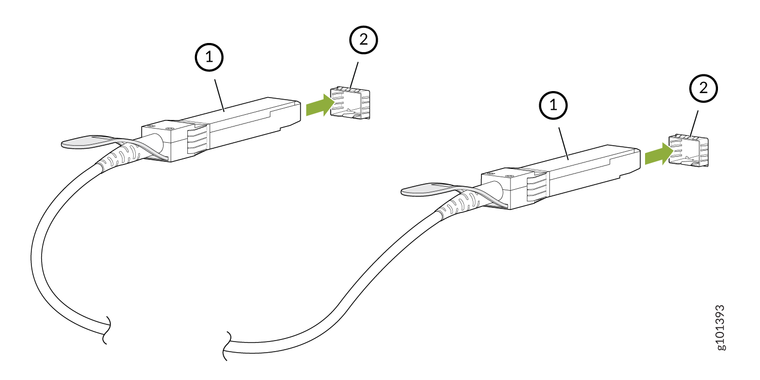 Diagram of two network cables labeled 1 and 2 with connectors being inserted into ports, guided by green arrows.