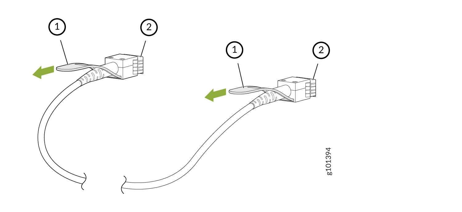 Diagram of an Ethernet cable with an RJ45 connector highlighting the clip for securing and releasing the connector from a port.