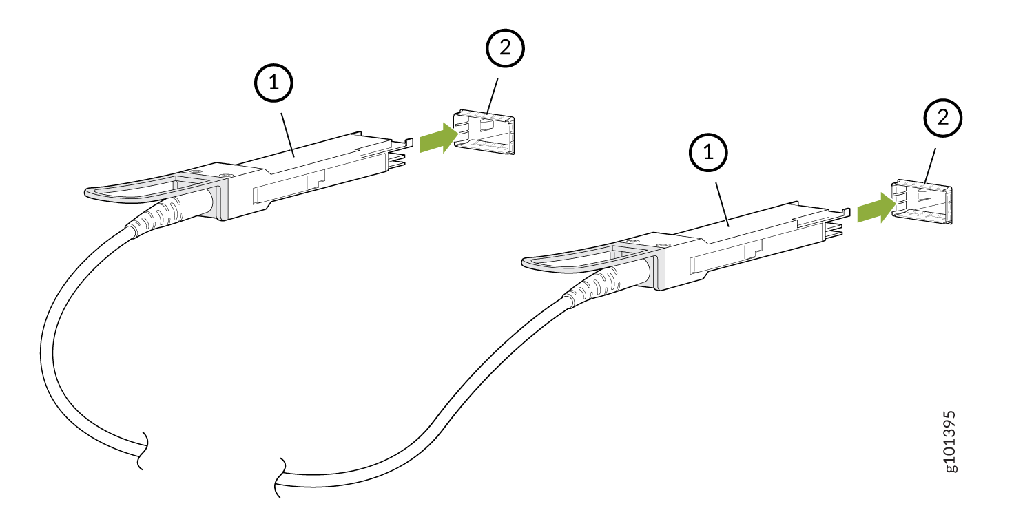 Diagram showing two cable connectors labeled 1 and two ports labeled 2 with green arrows indicating insertion directions.