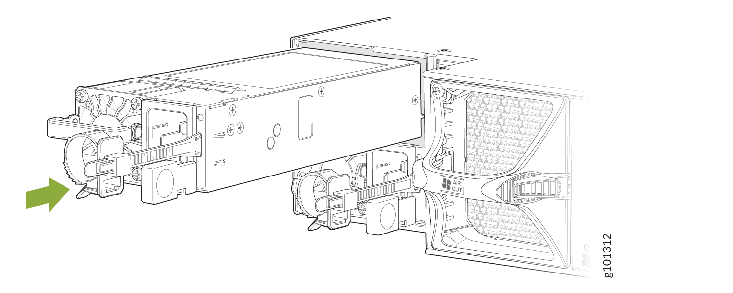 Technical illustration showing PSU removal or installation with green arrow indicating direction. Cooling fans and AIR OUT vents for thermal management.