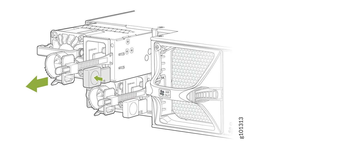 Rear view of server chassis with cooling fans, power supply units, and connectors. Green arrows show component installation directions; fans labeled AIR OUT for airflow.
