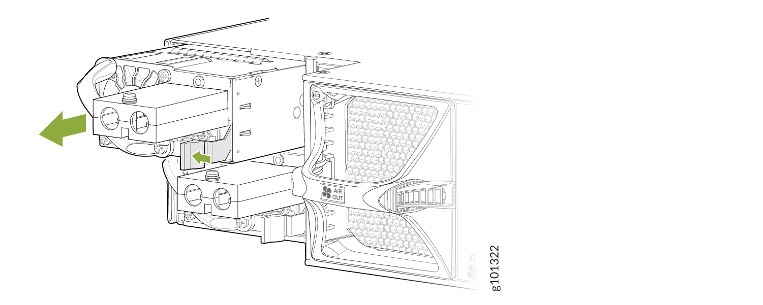 Technical illustration of component removal or installation with green arrows indicating directions. Airflow management labeled AIR OUT.