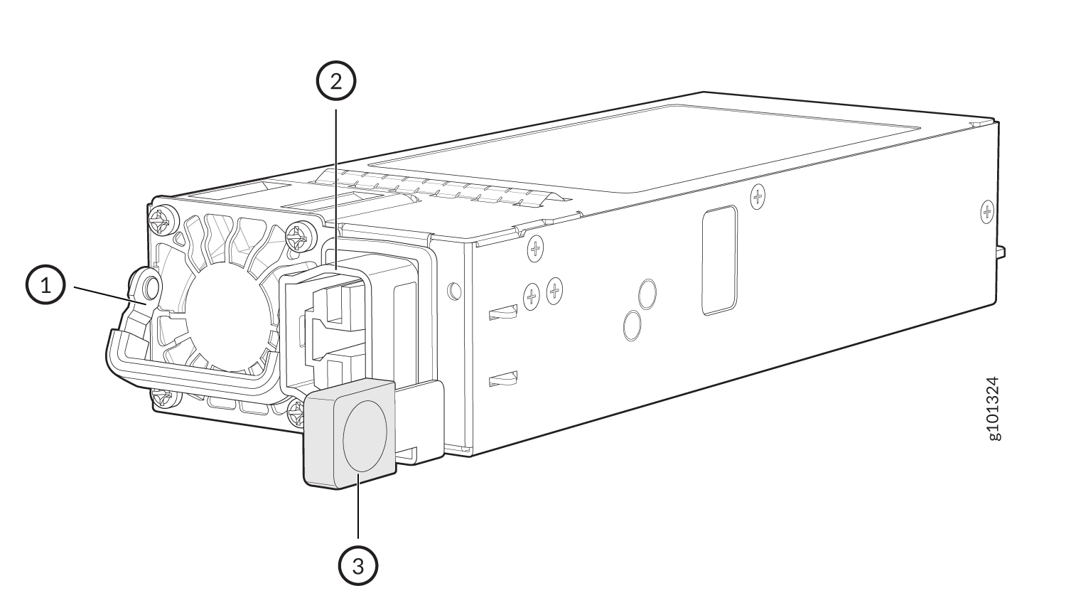 Technical diagram of a power supply unit for a server showing labeled components: cooling fan, electrical connector, and latch or handle.