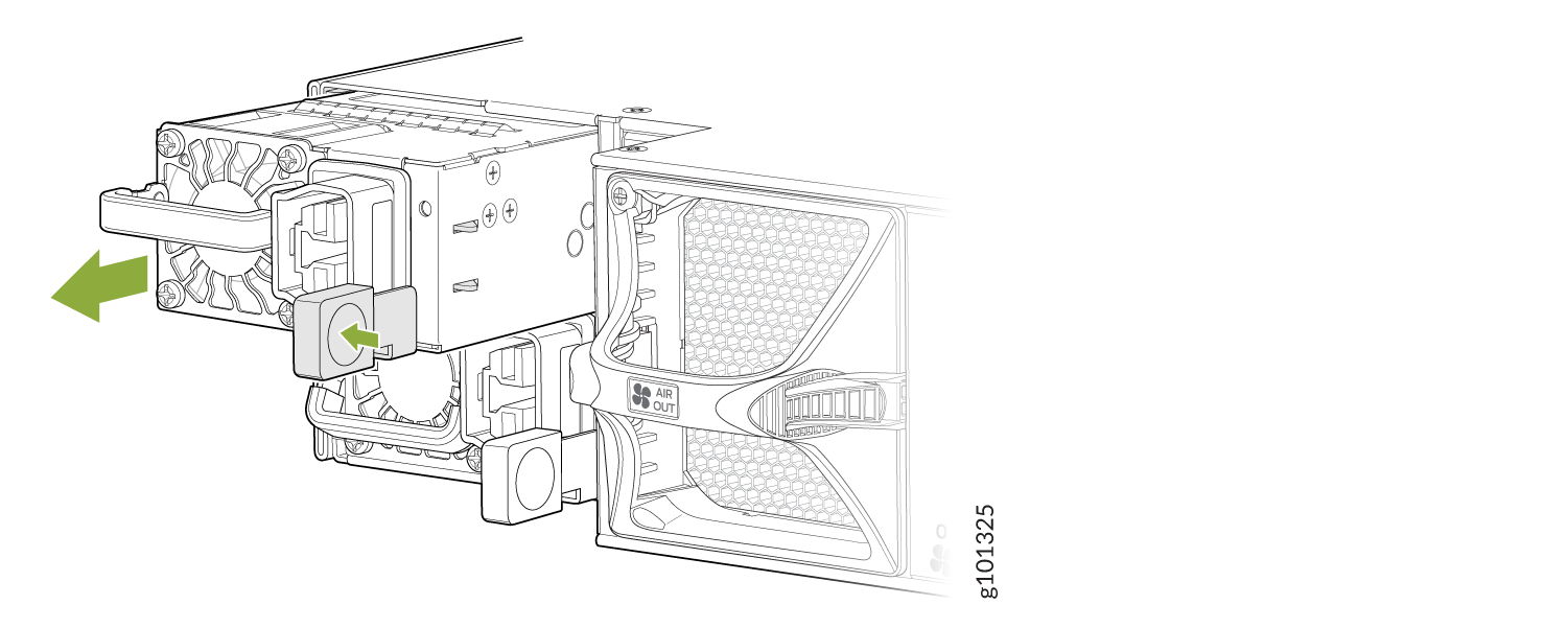 Illustration of PSU installation or removal with green arrows showing direction. Includes cooling fans and airflow labeled AIR OUT.