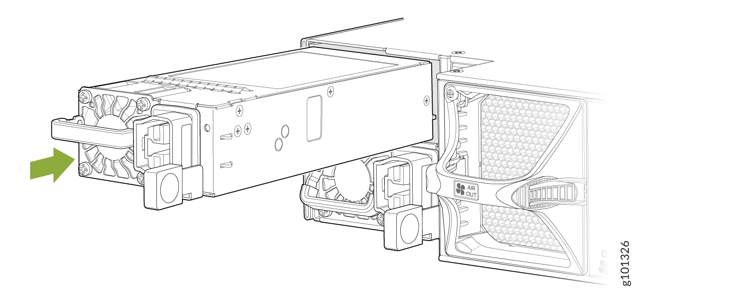 Technical illustration of PSU removal or installation with green arrow indicating direction, handle for easy removal, and visible cooling fans.