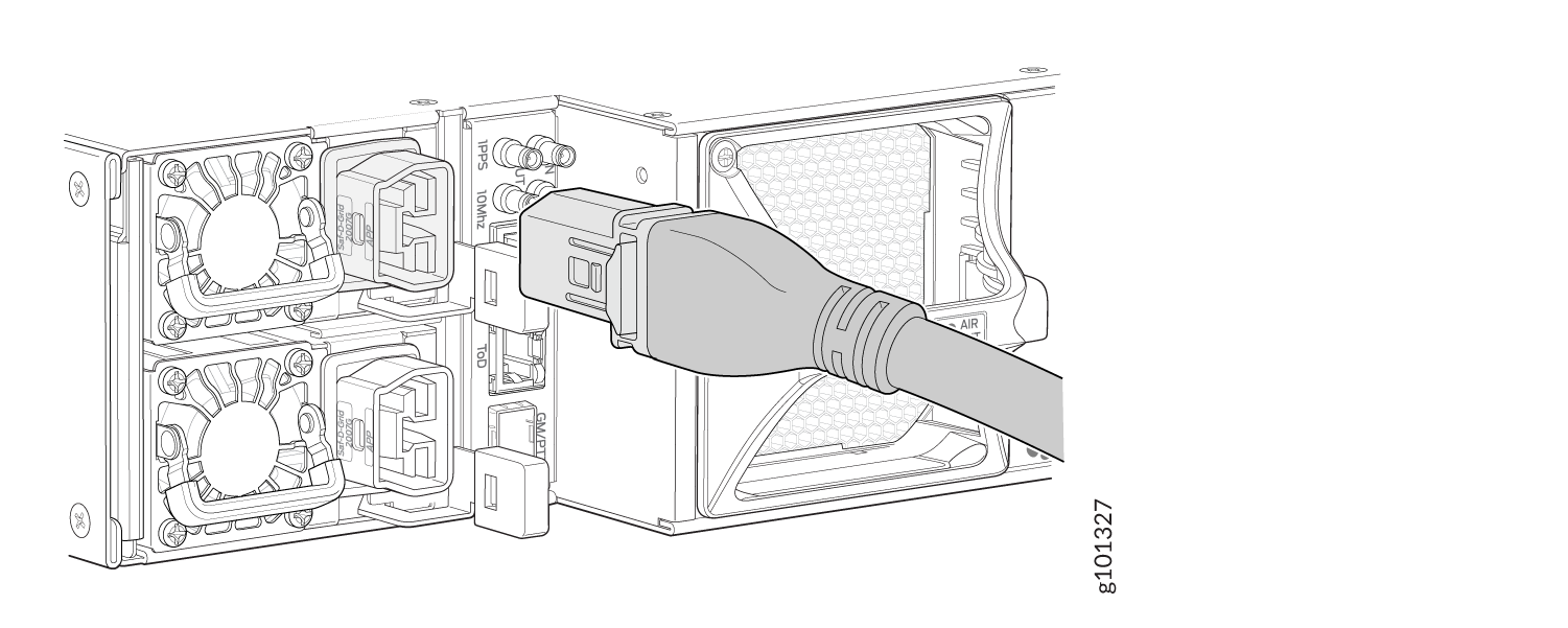 Rear panel of server showing cooling fans, power connector being plugged in, ports, and ventilation areas as part of a hardware setup guide.