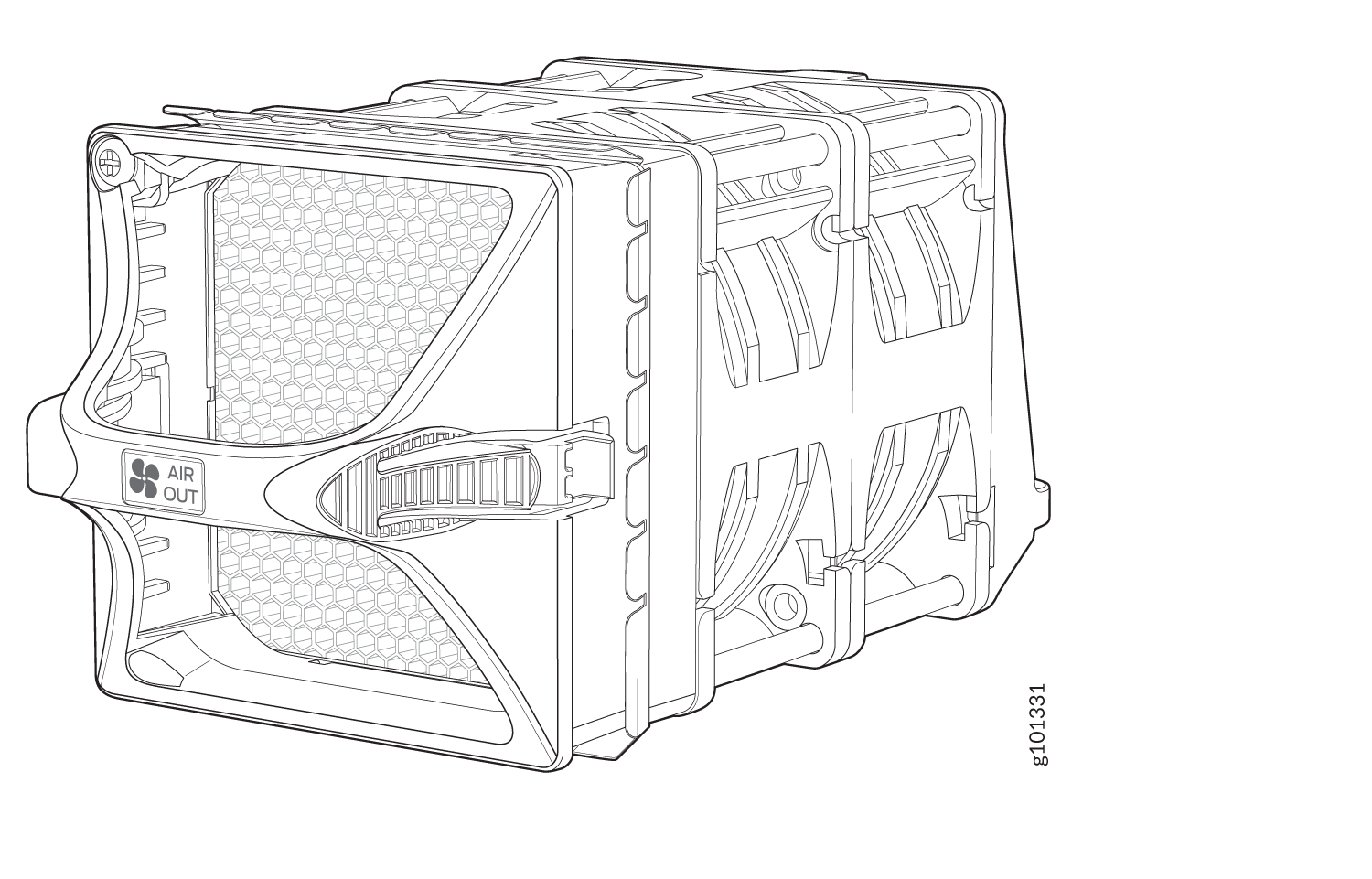 Technical line drawing of a modular air filter with hexagonal mesh pattern labeled AIR OUT, featuring mounting brackets and handle.