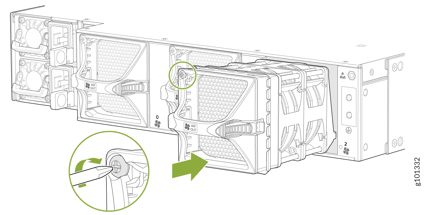 Fan module removal or installation in server with tool releasing latch; arrows show direction; modules labeled AIR OUT with handles.