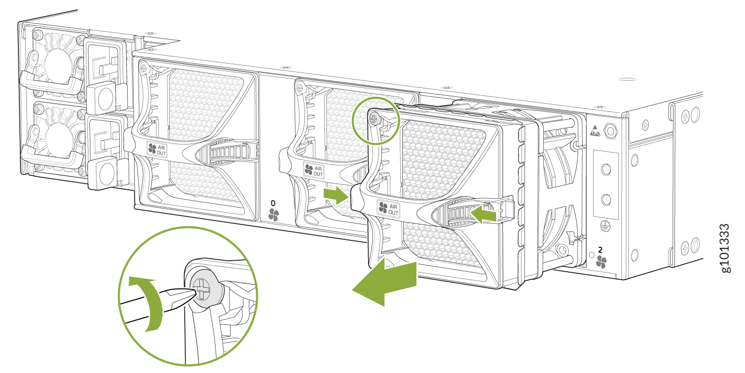 Technical illustration of cooling fan installation in a server, showing airflow direction as AIR OUT and steps to unlock or secure fan module with tool.