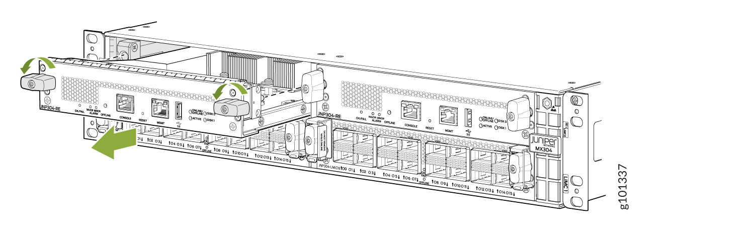 Juniper Networks MX304 router showing line card removal or installation with directional arrows and securing instructions.