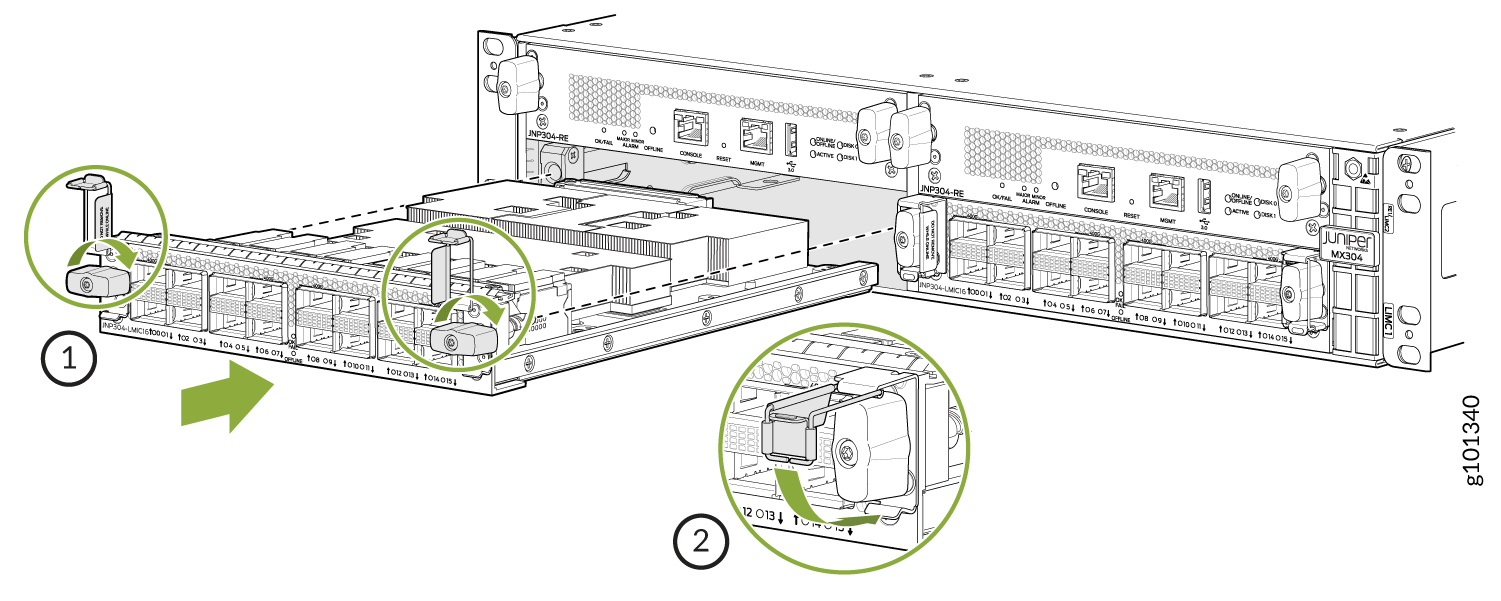 Juniper Networks MX304 router illustration showing line card slots, locking mechanism directions, and rear panel connections for installation guidance.