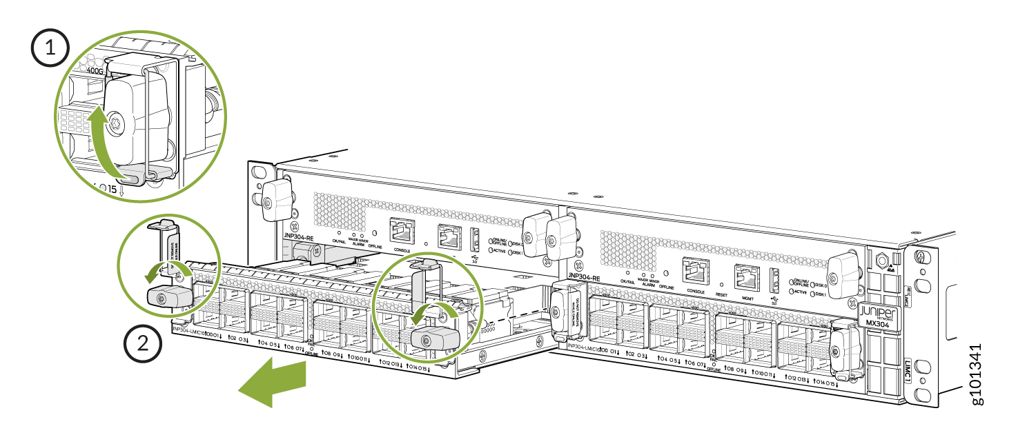 Rear view of Juniper MX304 router showing cooling fan module and line card module removal or installation with green arrows for guidance.