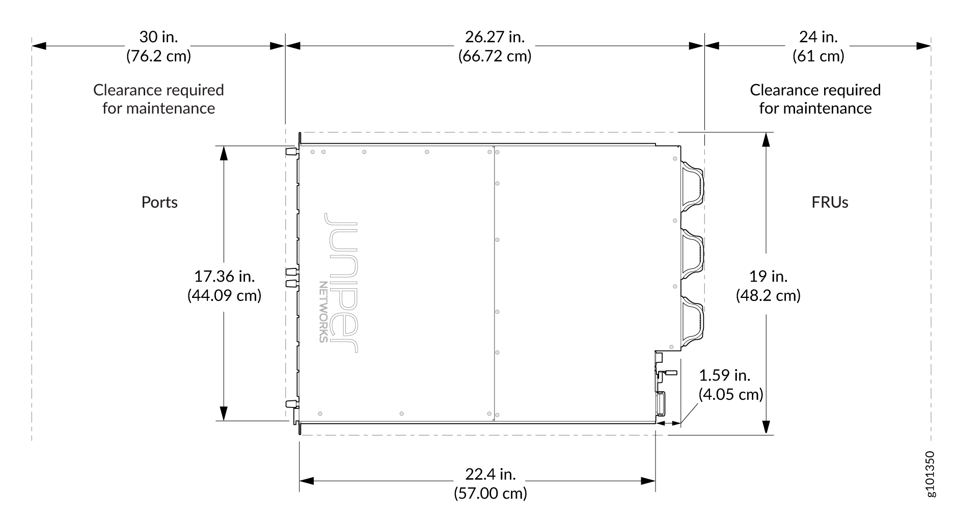 Technical diagram of a Juniper Networks device showing dimensions and clearance requirements for maintenance.