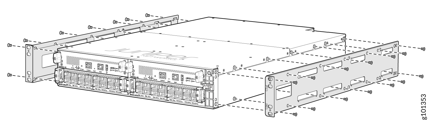 Juniper Networks device being mounted into a rack with front panel ports, indicators, and rack-mounting brackets shown.