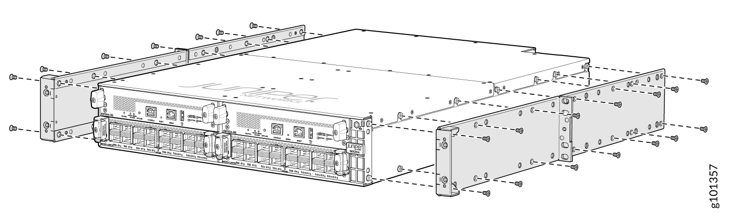 Juniper Networks device mounted in rack showing front panel with ports and connectors and dashed lines for screw placement.