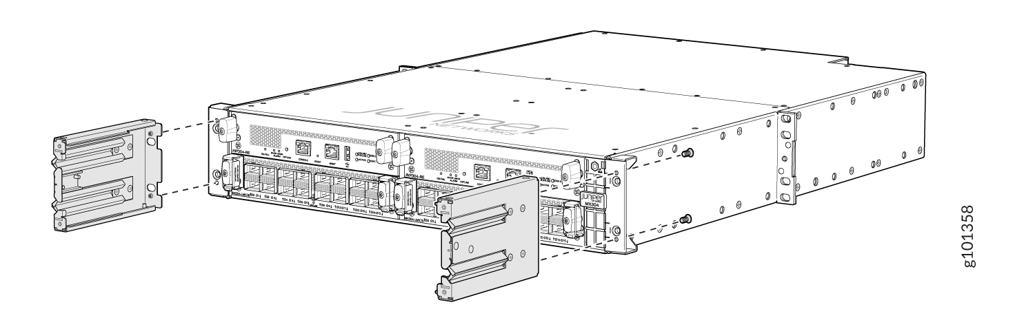 Juniper Networks device front panel with network ports and rack-mounting brackets highlighted for installation.