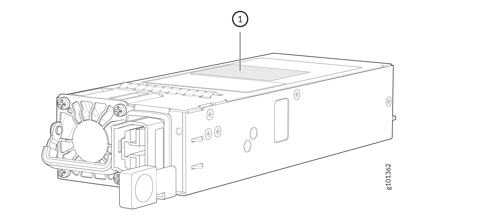Technical illustration of a power supply unit with cooling fan, power connector, and a handle for easy installation.
