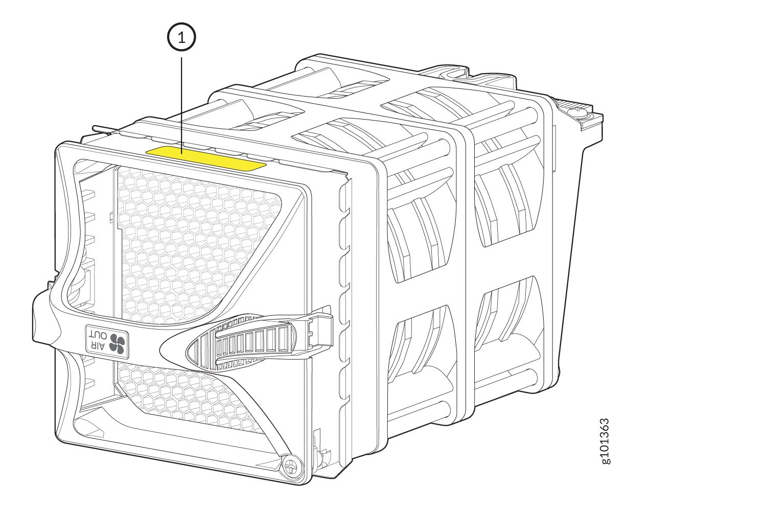 Technical illustration of an air filter with honeycomb-patterned mesh, latch mechanism, and airflow indicators labeled AIR OUT.