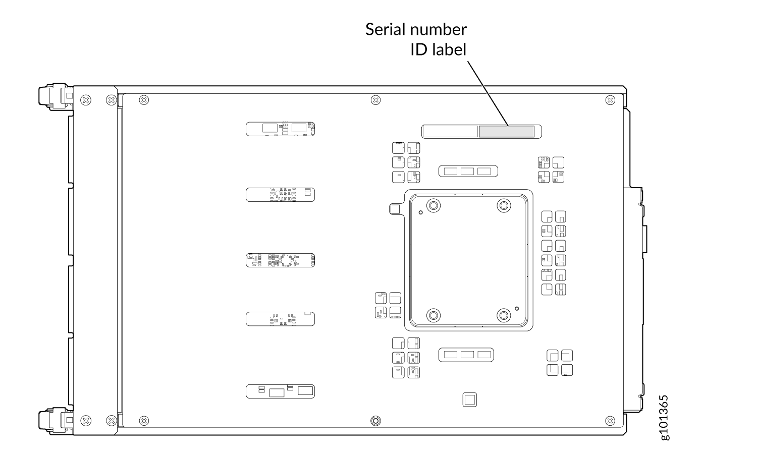 Technical diagram of an electronic module showing connectors, components, and a labeled area for Serial number ID label.