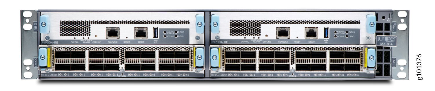 Juniper Networks MX304 router with redundant routing engines, high-speed network ports, and management interfaces for enterprise networking.