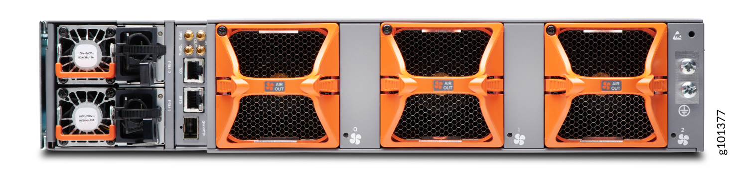 Rear view of enterprise server with cooling fans, network ports, and redundant power supplies designed for optimal airflow and reliability.