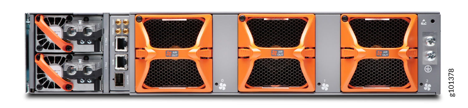 Rear view of a server with cooling fans featuring orange handles, network ports, and power supply units.