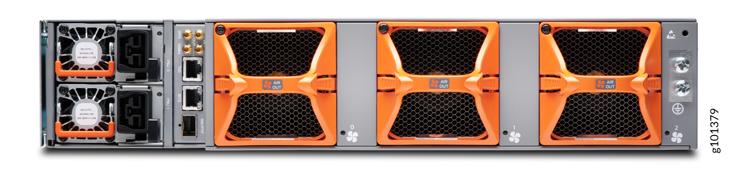 Rear view of a server with cooling fans, network ports, airflow grilles labeled AIR OUT, and power supply units.