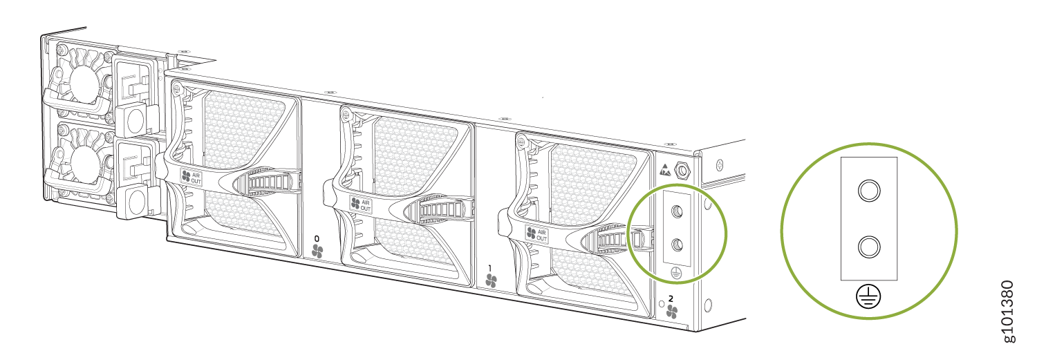 Cooling fans showing airflow direction with a highlighted grounding point marked with a grounding symbol for safety.